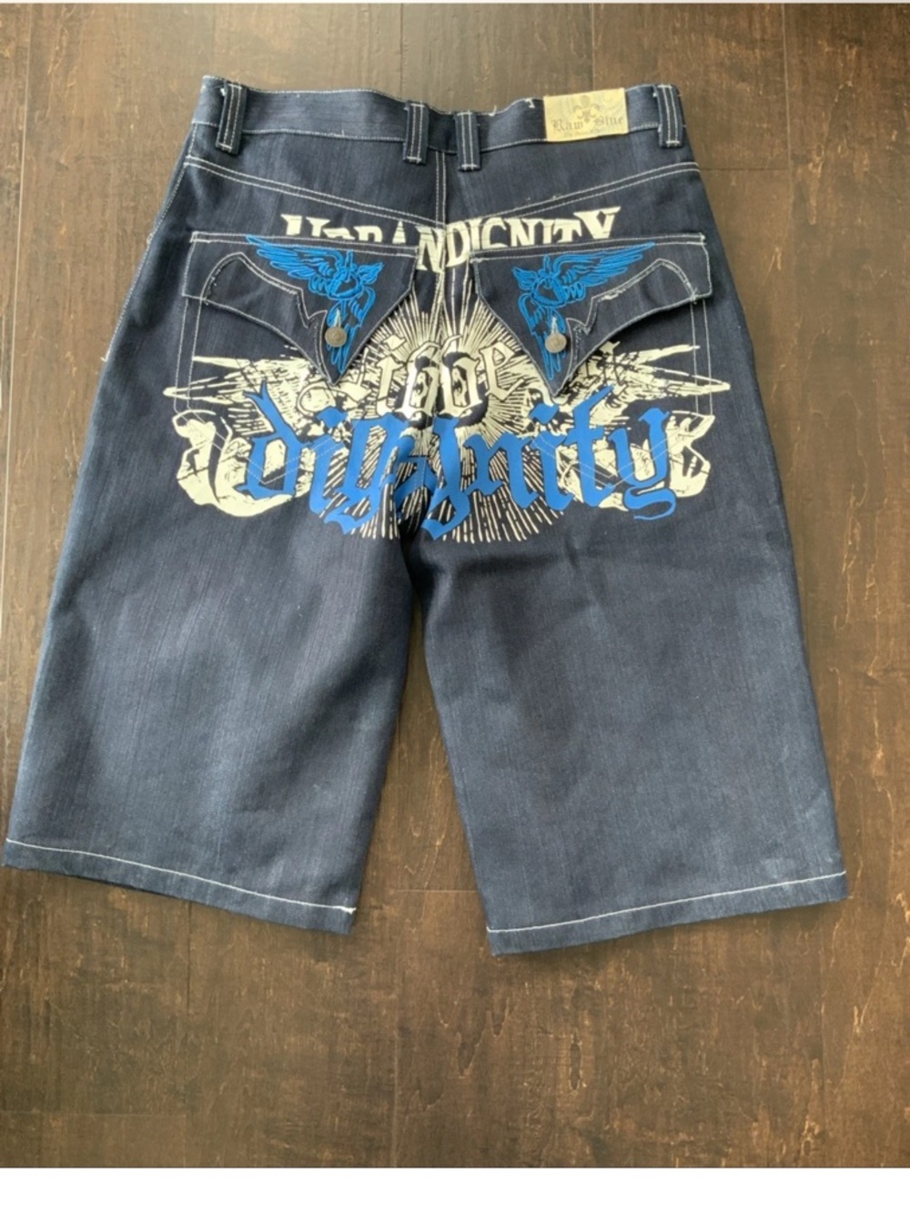 VTG Raw Blue Shorts Mens 36 Blue Denim  14" Skater Hip Hop Wings Y2K W/Embroider